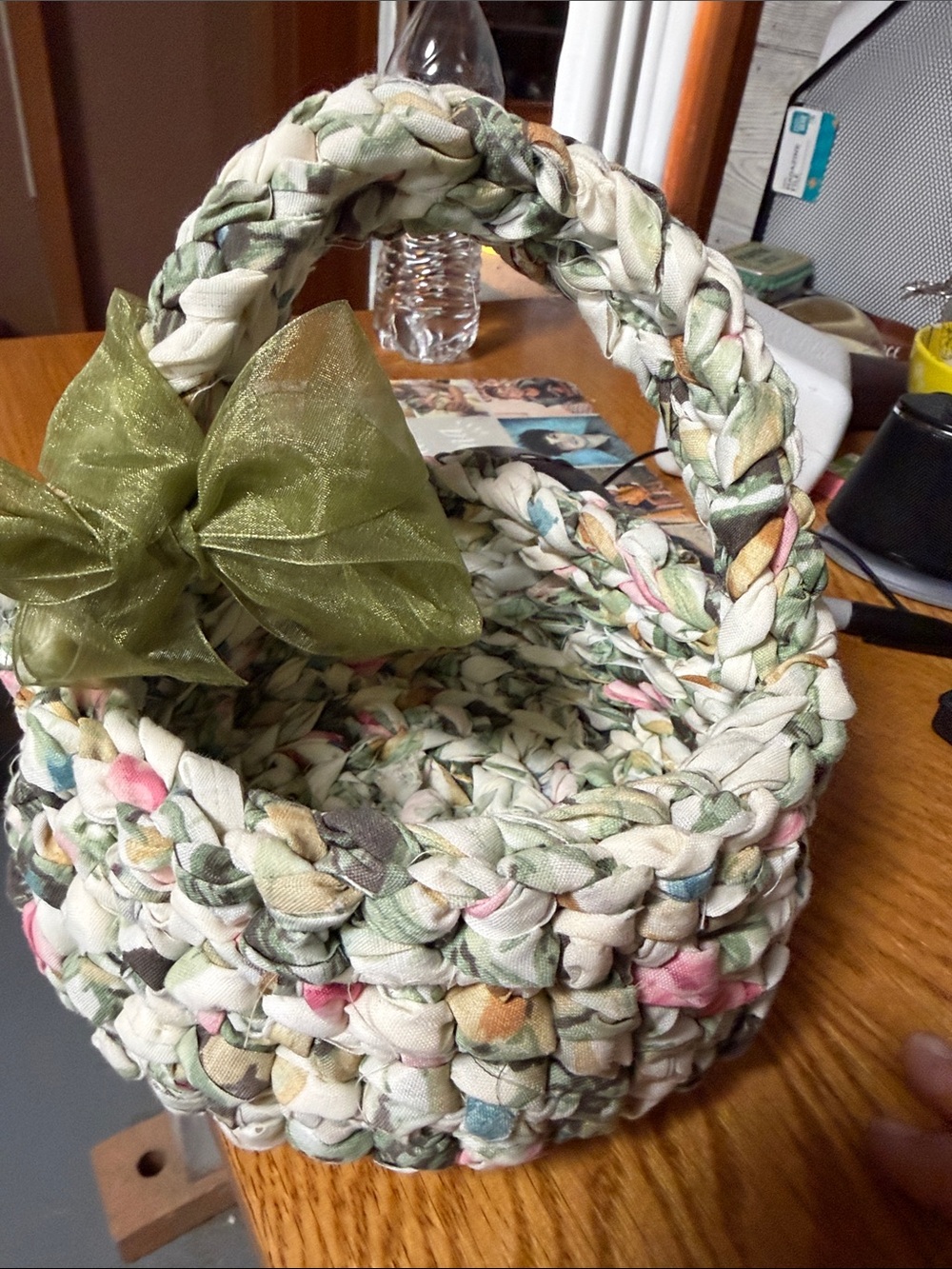 Handwoven Pastel Floral Fabric Basket with Green Bow